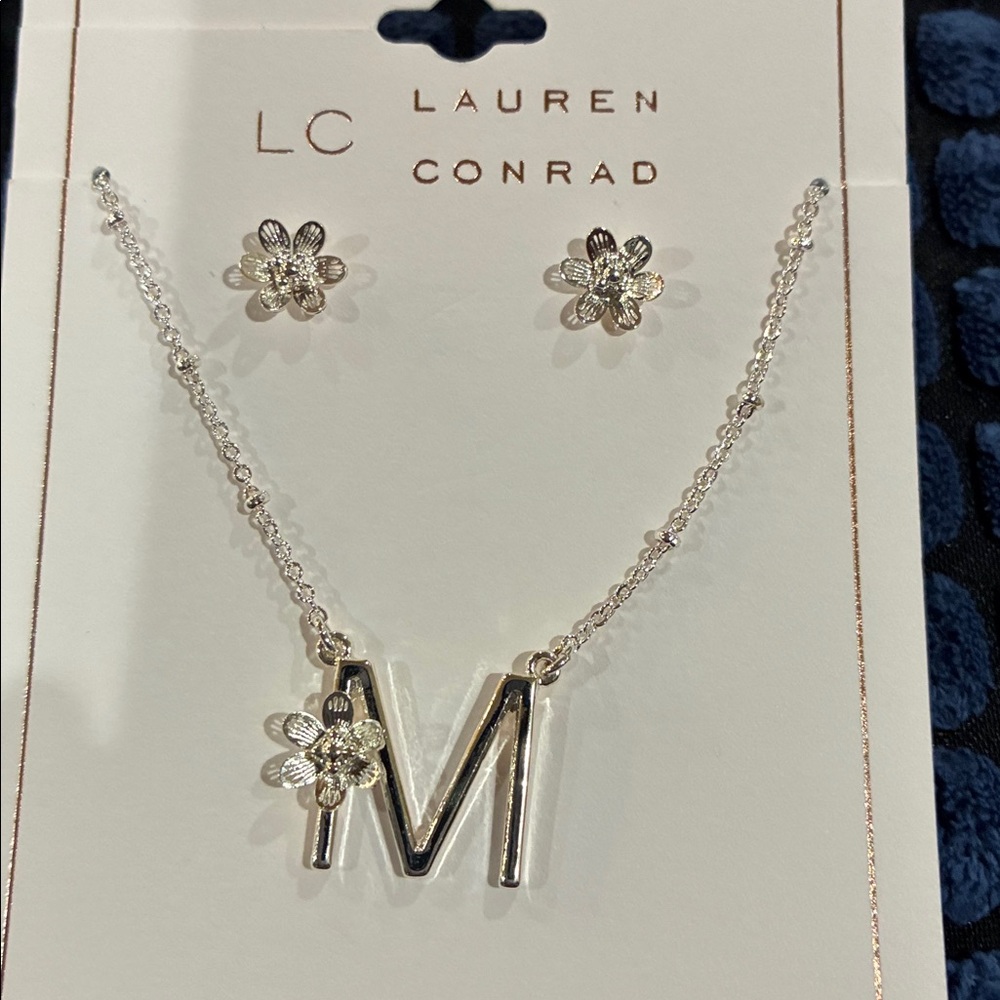 LC Lauren Conrad Silver Initial M Necklace with Flower Studs